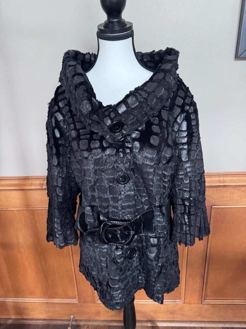 “ETHYL Black Textured Belted Statement Jacket – Retro 2000s Style”